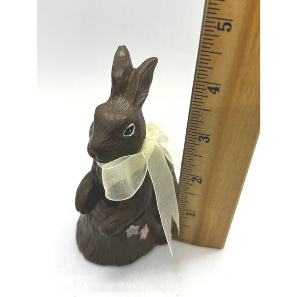 Chocolate Faux Easter Bunny Rabbits Resin Figures Spring Yellow Bow 2 Pair - Picture 6 of 7